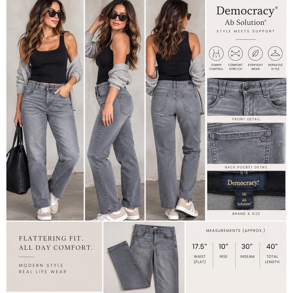 Democracy Ab Solution Jeans 16 Gray Wash Stretch Straight Leg Tummy Control
